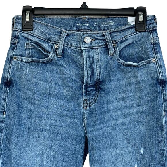 Old Navy Petite SZ 4P Sky-Hi Straight Jeans Button-Fly Starr Wash Distressed - Picture 2 of 9